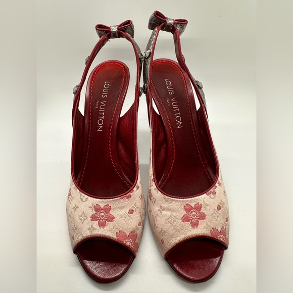LOUIS VUITTON Satin Cherry Blossom Monogram Sandal Shoes Size 38.5 UK or 8.5 US - Picture 2 of 12